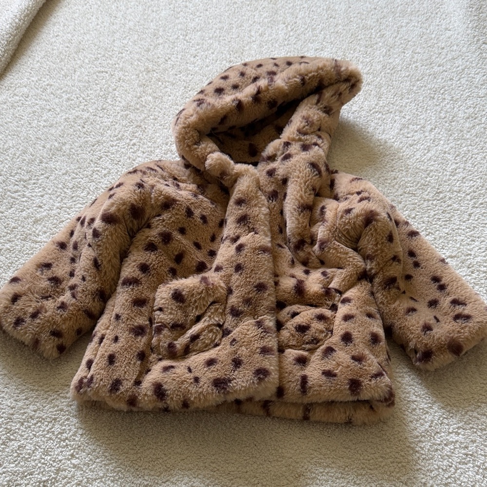 Zara Kids Faux Fur Hooded Jacket in Light Brown with Dark Brown Spots